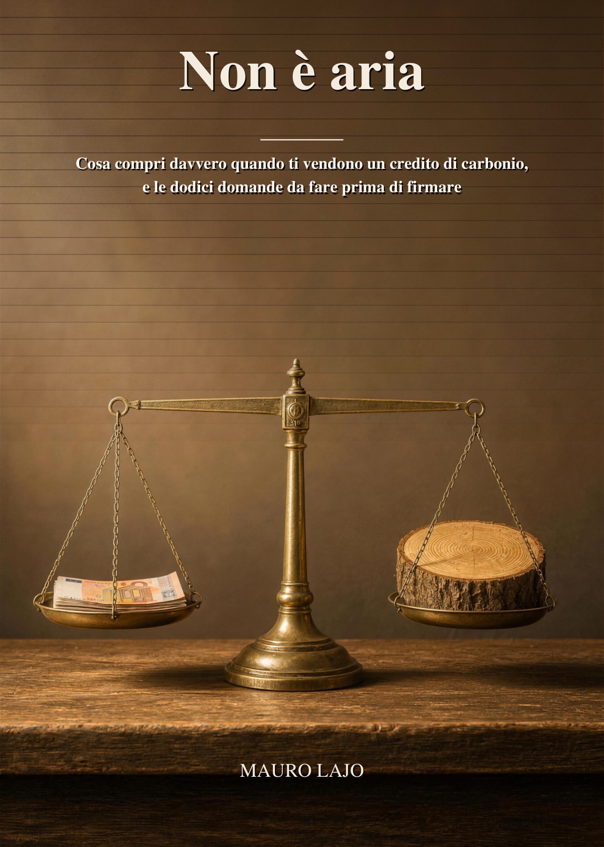 Copertina del libro Non è aria di Mauro Lajo: una bilancia con banconote da una parte e una fetta di tronco dall'altra